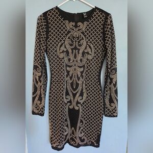 Windsor PartyDress Black with Silver Bead Accents Sheer Pattern Black Slip Lined